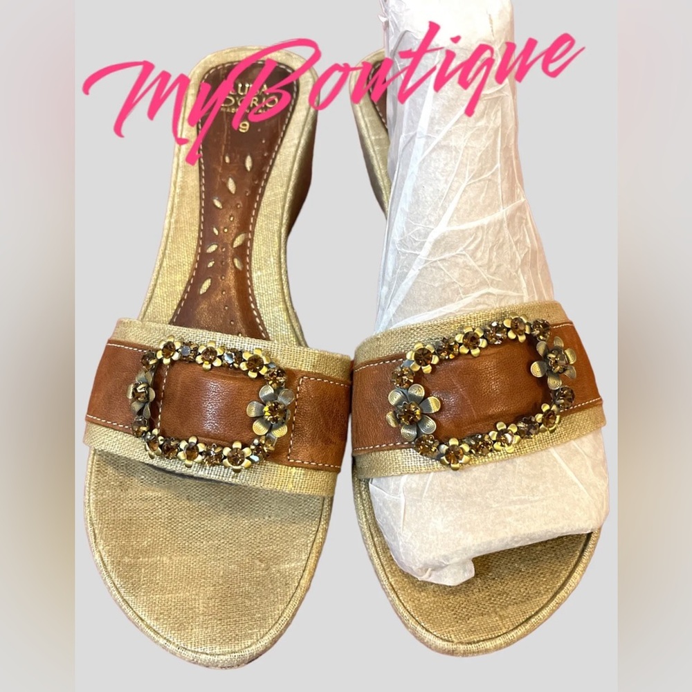 LUISA D’ORIO 🇮🇹 ITALY WEDGE JEWELED SANDAL METALLIC CANVA & BROWN LEATHER sz 9 - Picture 4 of 7